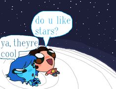 two cartoon characters are talking to each other in front of the moon with stars above them