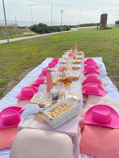 a table set up with pink napkins and place settings for an outdoor picnic party