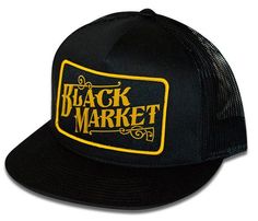 A black trucker hat with a patch sewn on the front. Mad Hat, Market Art, Dope Hats, Black Trucker Hat, Purple Leopard, Black Baseball Cap, Cap Designs, Hat Design, Hat Ideas