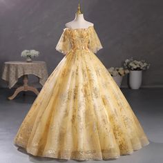 Elegant Off-Shoulder Floral Yellow Ball Gown Simple Quinceanera Dresses, Sparkly Gold Dress, Fairy Core Dress, Yellow Ball Gown, Quinceanera Dresses Gold, Gold Tulle, Dresses Off The Shoulder, Off Shoulder Evening Dress, Tulle Sleeves