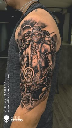 Vishnu is said to descend in the form of an avatar to restore cosmic order
These avatars play a major role in shaping human evolution through centuries.
Checkout this amazing Vishnu Avatar Tattoo for men done by Vishal Maurya at Aliens Tattoo India.

If you wish to ink religious or spiritual tattoos visit https://www.alienstattoo.com/best-religious-tattoo-ideas Kalki Avatar Tattoo, Hindu Mythology Tattoo Design, Vishnu Tattoo Design For Men, Tattoo Ideas For Men Mahadev, Lord Krishna Tattoo Design For Men, Hindu God Tattoo Designs, Lord Vishnu Tattoo Designs, Bholenath Tattoo On Hand, Vishnu Tattoo Design