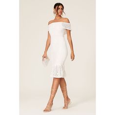 White lace (100% French Lace). Sheath. Short sleeves. Off-the-shoulder neckline. Fully lined. 49" from shoulder to hemline. Imported. White Midi, Night Cap, Rent The Runway, Lace Sheath Dress, Lace Midi, Closet Designs, Lace Midi Dress, French Lace, White Midi Dress