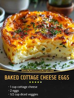 baked cottage cheese eggs on a white plate with green garnish and parsley