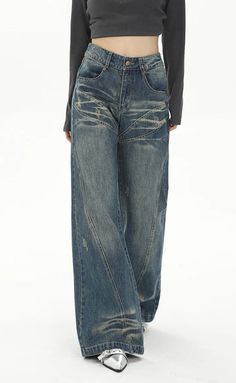 Retro Flare Distressed Denim Jeans – DAXUEN Non-stretch Distressed Blue Pants, Blue Distressed Relaxed Fit Bottoms, Blue Distressed Bottoms With Relaxed Fit, Distressed Blue Bottoms With Relaxed Fit, Washed Blue Wide Leg Distressed Bottoms, Washed Blue Distressed Wide Leg Bottoms, Distressed Washed Blue Wide Leg Bottoms, Baggy Medium Wash Distressed Bottoms, Medium Wash Distressed Baggy Bottoms