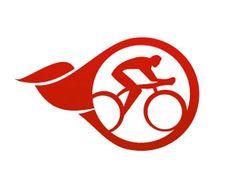 a red and white logo with a man riding a bike