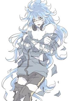 an anime character with blue hair and long white hair, in grey clothes is holding her hands