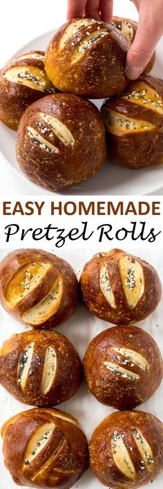 homemade pretzel rolls on a white plate with text overlay