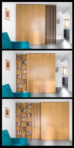 three photographs of the inside of a room with bookshelves and blue couches