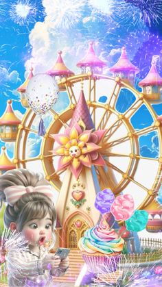 a painting of a girl in front of a ferris wheel with balloons and confetti