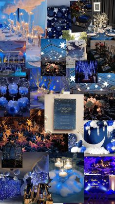 a collage of blue and white decorations with stars, clouds, and snowflakes