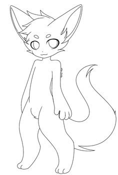 a drawing of a cat with big eyes and tail, standing in front of a white background