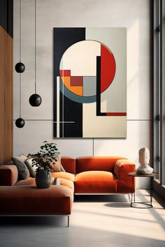 a modern living room with orange couches and art on the wall