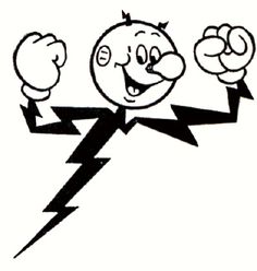 a black and white drawing of a cartoon character with an electric bolt in his hand