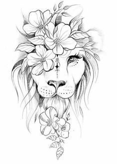 a drawing of a lion with flowers on its head