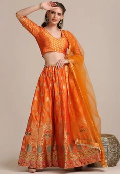 Woven Art Silk Lehenga in Orange Chaniya Choli For Wedding, Lehengas For Wedding, Choli For Wedding, Orange Lehenga, Wedding Lehenga Choli, Indian Wedding Lehenga, Reception Lehenga, Wedding Lehengas, Flattering Outfits