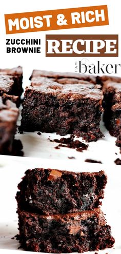 chocolate brownies stacked on top of each other with the words, moist & rich recipe