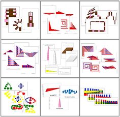 six squares with different colored lines and shapes