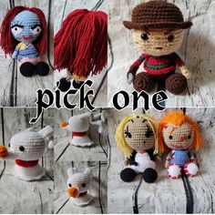 several crocheted dolls sitting on top of a white sheet with the words pick one written above them