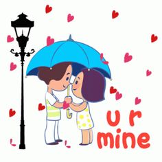 two people are kissing under an umbrella in the rain with hearts floating all around them