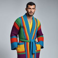 Handmade Crochet Granny Square Cardigan for Men  Please select the number according to the style you would like at check out    Shipping details: Estimated delivery 2-5 bus. days Express shipping on all orders  US CAN UK EU UK See more of our Men's knit items here:  https://www.etsy.com/shop/CHANDAKA?ref=seller-platform-mcnav&section_id=31709631 See the rest of our store here:  https://www.etsy.com/shop/CHANDAKA Men's Handmade colorful crochet sweater Every order is custom made, and if you prefe Multicolor Retro Knitted Outerwear, Crochet Sweater Patchwork, Colorful Crochet Sweater, Crochet Granny Square Cardigan, Childrens Coats, Cardigan For Men, Shirt Crochet, Granny Square Cardigan, Square Cardigan