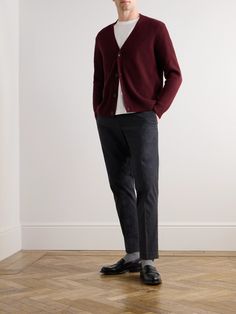 DESIGNED BY MR PORTER. Mr P.'s cardigan is the perfect layer to reach for on chilly days. It's woven from soft wool and defined with classic fisherman-style ribbing. The burgundy shade will add a rich finish to your look. Burgundy Mens Outfit, Burgundy Men Outfit, Maroon Cardigan Outfit, Burgundy Cardigan Outfit, Cardigan Outfit Men, Red Christmas Outfit, Cardigan For Men, Burgundy Outfit, Burgundy Cardigan