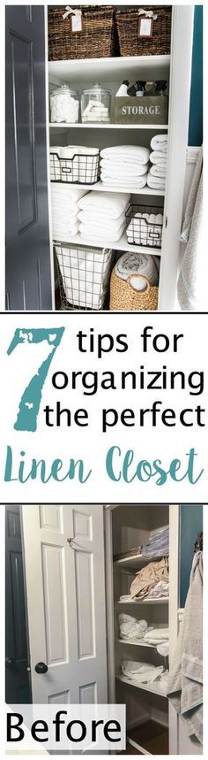 an organized closet with linens and towels in baskets on the bottom shelf, before and after