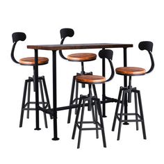 three stools and a table with four barstools in the shape of chairs