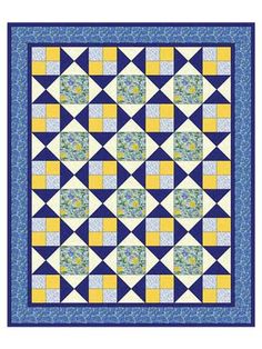 a blue and yellow quilt with squares on it