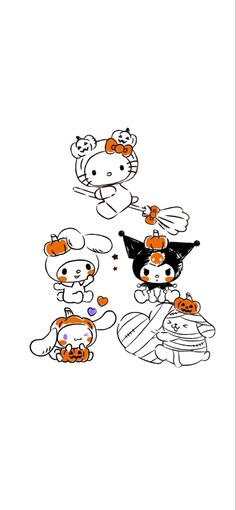 an image of some cartoon animals with pumpkins on their heads and hands in the air