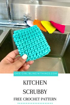 a hand holding a crochet scrubby in front of a kitchen sink with the words, kitchen scrubby free crochet pattern