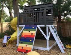 a child playing in a play area with a slide and climbing wall for children to climb on