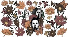 an image of a man surrounded by flowers and butterflies with a mask on his face