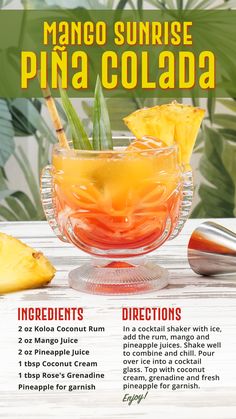 the menu for mango sunrise pina colada with pineapples and orange juice