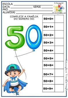 the number 50 with balloons in spanish for children to learn how to write numbers and read them