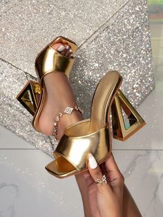 Golden High-Heeled Mules With Unusual Heels, Trendy And Versatile Summer New Slipper Sandals For WomenI discovered amazing products on SHEIN.com, come check them out! Golden Heels Wedding, Heels Trendy, Unique Heels, High Heel Dress, Shoes High Heels, Woman Shoes, Womens Shoes High Heels