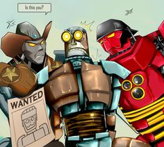 an image of two robots that are standing next to each other and one has a wanted sign in his hand