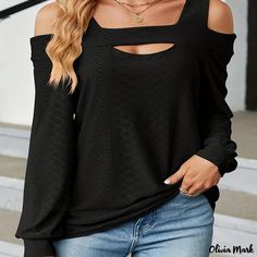 Olivia Mark - Plus Size Elegant Top, Women's Plus Solid Ribbed Cold Shoulder Cut Out Long Sleeve Top Cutout Sweater, Textured Sweater, Shoulder Cut, Plus Size Top, Sweater Material, Plus Size Casual, Light Weight Sweater, Top Casual, Black Long Sleeve