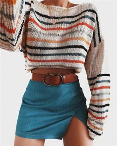 Trendy Spring Outfits, Cute Spring Outfits, Pattern Sweater, Casual Street Style, Hippie Style, Sweater Fashion, Striped Knit, Look Fashion