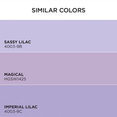 three shades of purple with the words similar colors in each one, which are labeled as sassy lilac and magic hosw - w425l455 / 45 imperial lilac