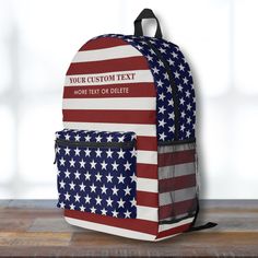 Very cool backpack featuring a USA American Flag inspired design of Stars and Stripes. Easily add your custom text to personalize. Roomy enough for books, computer, sports gear and more - or use as a travel or sleepover bag too. Perfect for a veteran, military, soldier or anyone who loves the USA. Customizable White Backpack For Students, White Customizable Backpack For Students, White Customizable Student Backpack, American Flag Kids, Cool Backpack, Military Soldier, Sleepover Bag, American Flag Stars, Cool Backpacks