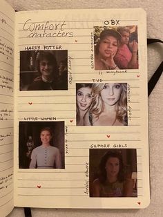 an open notebook with pictures of women on it