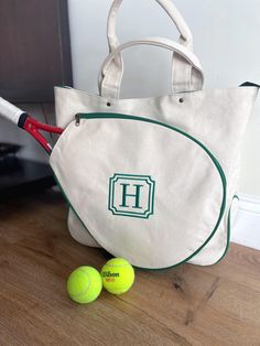 High Quality Monogrammed Tennis Tote Bag-  Choice of  Natural and Green,Pink and Natural,Black and Green,Navy and Gray Color. All of the shop item is personalized with beautiful embroidery thread. ＊＊＊Placing a Order＊＊＊ Please Copy and Paste in "Notes To Seller": 1. Font Style  2. Thread Color 3. Initials or Name Font Samples and Threads swatch are listed on the photo section. Traditional Women's and Couple's monogram is First/LAST/Middle  (Example: ''Emma Marie Bates'' eBm) Traditional Men's Mon Green Bag With Embroidered Logo For Everyday Use, Personalized Green Bags For Daily Use, Personalized Green Travel Bag, Personalized Monogram Tote Bag, Monogram Rectangular School Bag, Rectangular Monogram Bag For Daily Use, Rectangular Monogram Bag For Personal Use, Personalized Pouch Bag For Everyday Use, Personalized Rectangular Bag With Zipper Pouch