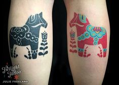 two colorful tattoos on both legs