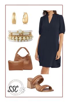 Be comfortable and stylish at graduation in a shift dress. Graduation outfit idea for moms. Navy Shift Dress Outfit, Rectangle Body Shape, Navy Shift Dress, Casual Outfit Inspiration