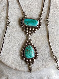 Beautiful Brutalist Sterling Silver Blue Turquoise Vintage Necklace Vintage Turquoise Lariat Jewelry, Southwestern Style Blue Necklace With Large Pendant, Blue Southwestern Necklace With Large Pendant, Bohemian Oxidized Teardrop Necklaces, Bohemian Teardrop Necklace With Oxidized Finish, Unique Turquoise Teardrop Pendant Jewelry, Unique Green Patina Necklaces, Bohemian Teardrop Necklaces With Oxidized Finish, Artisan Turquoise Necklace With Oxidized Finish