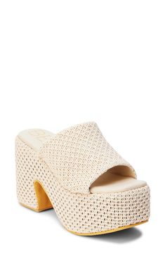 A woven finish adds abundant texture to an arch-supporting sandal set on a retro-chic platform sole. 4 1/4" heel; 2 1/2" platform Contoured footbed with arch support Synthetic upper, lining and sole Imported Cream Sandals With Arch Support And Round Toe, Natural Color Open Toe Platform Heels, Beige Platform Wedge Sandals With Open Heel, Cream Open Toe Platform Wedge Sandals, Open Toe Straw Platform Heels, Straw Open Toe Platform Heels, Cream Platform Heels For Summer, Vacation Beige Wedge Sandals With Arch Support, Closed Toe Platform Sandals In Cream