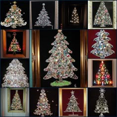 many different types of christmas trees are shown in this collage, all made out of glass beads