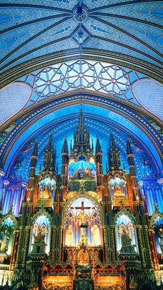 the inside of a church with stained glass windows