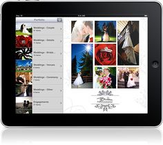an ipad displaying the wedding album on it's screen, with photos taken from different locations