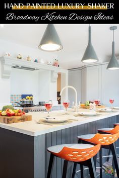 an image of a kitchen setting with orange stools